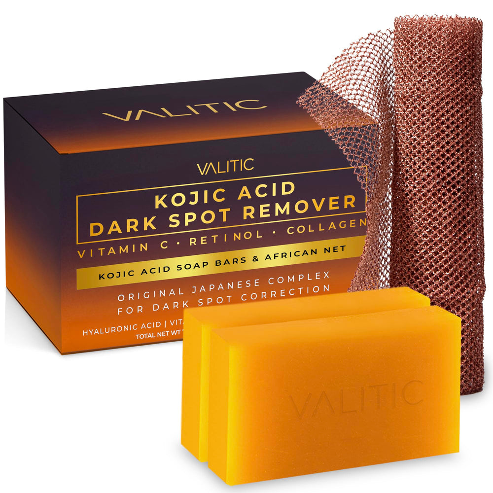 VALITIC Kojic Acid soap front bar for two-pack formula promoting even tone.
