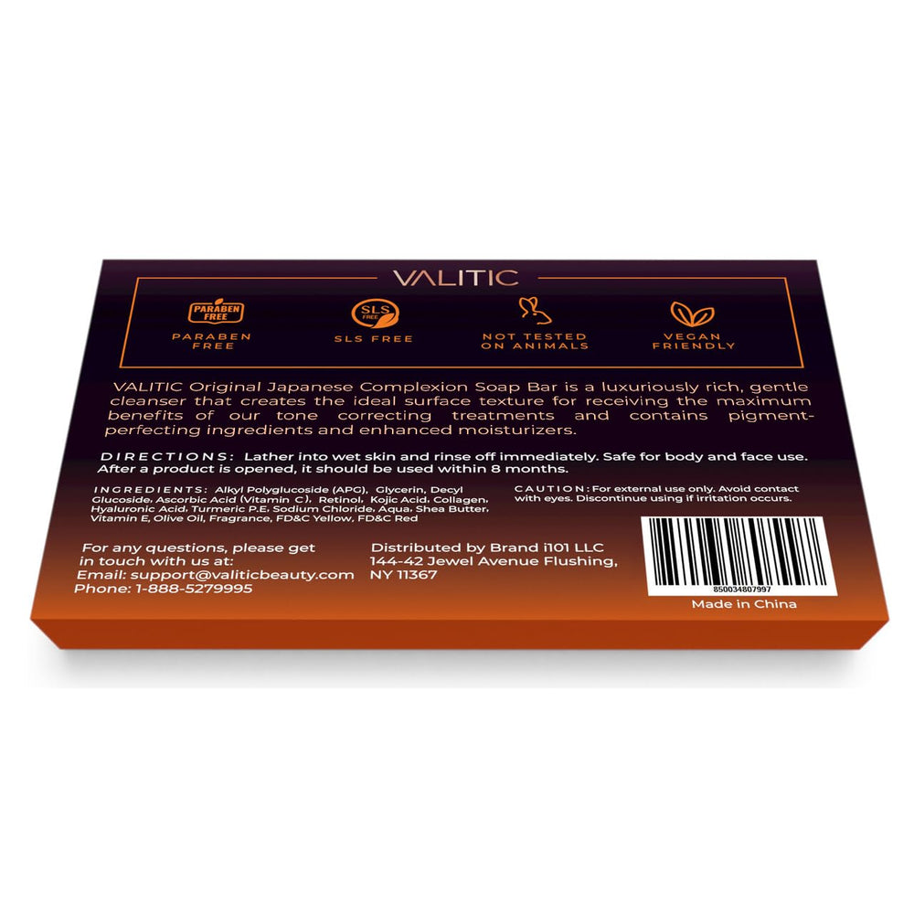 VALITIC Kojic Acid Dark Spot Soap ingredients hyaluronic acid and vitamin E nourish skin.