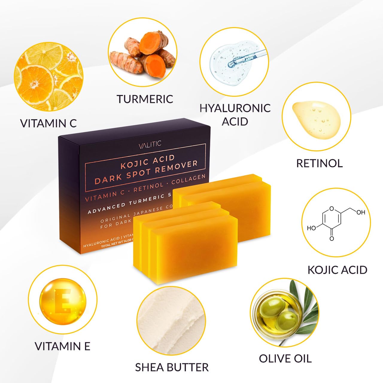 VALITIC Kojic Acid Dark Spot Soap 5-pack on bathroom counter supports daily cleansing.