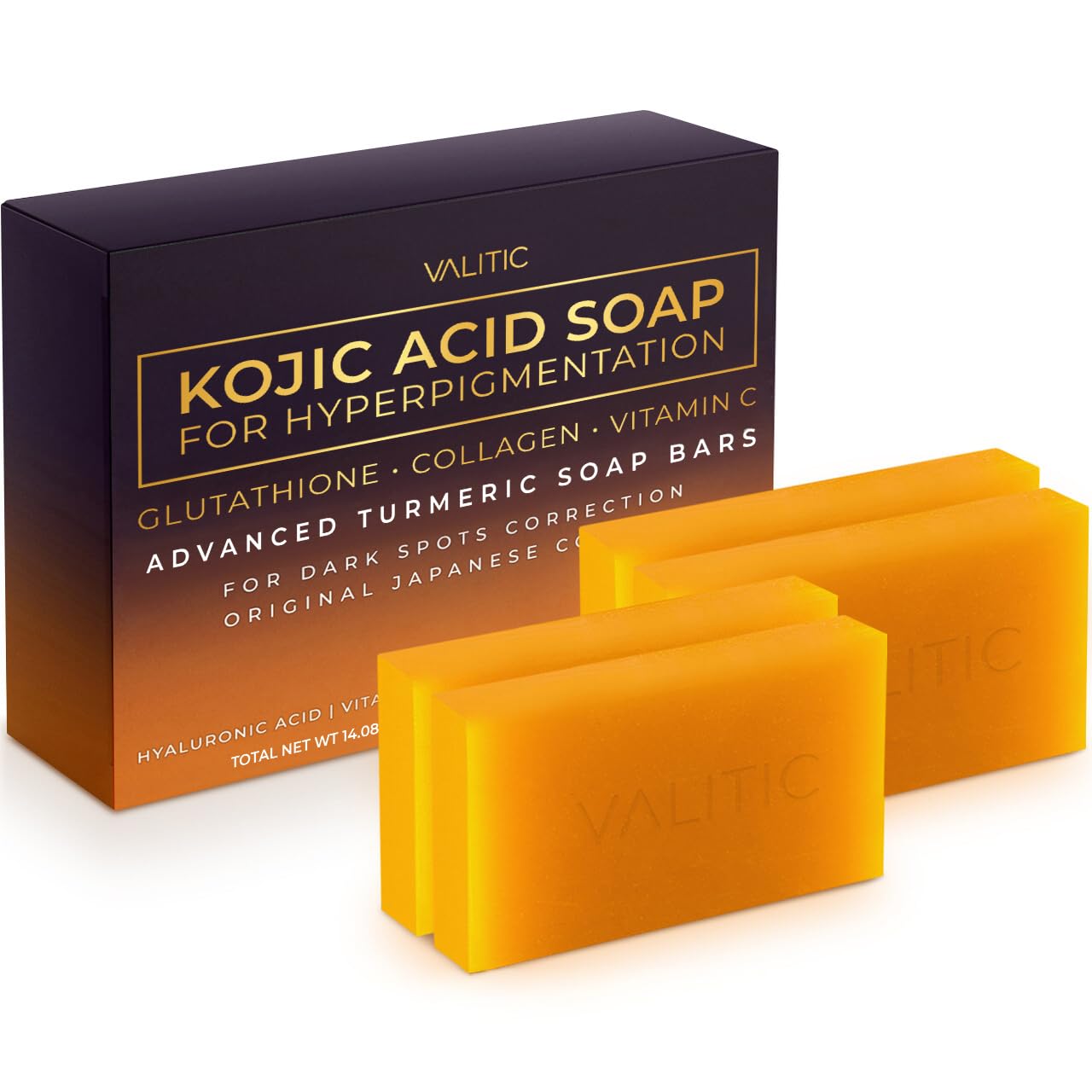 VALITIC Kojic Acid Soap packaging highlights Original Japanese Complex for dark spot correction