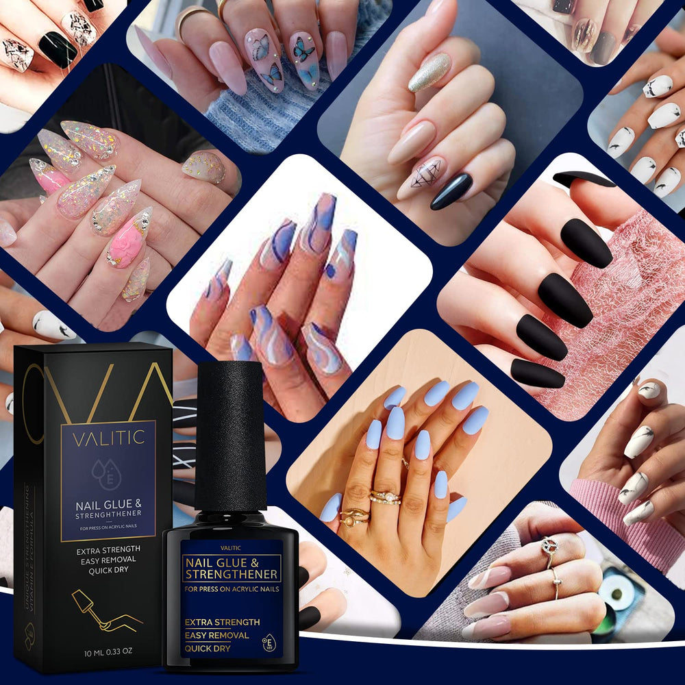 Valitic nail-glue closeup shows strong adhesion and precise bonding.