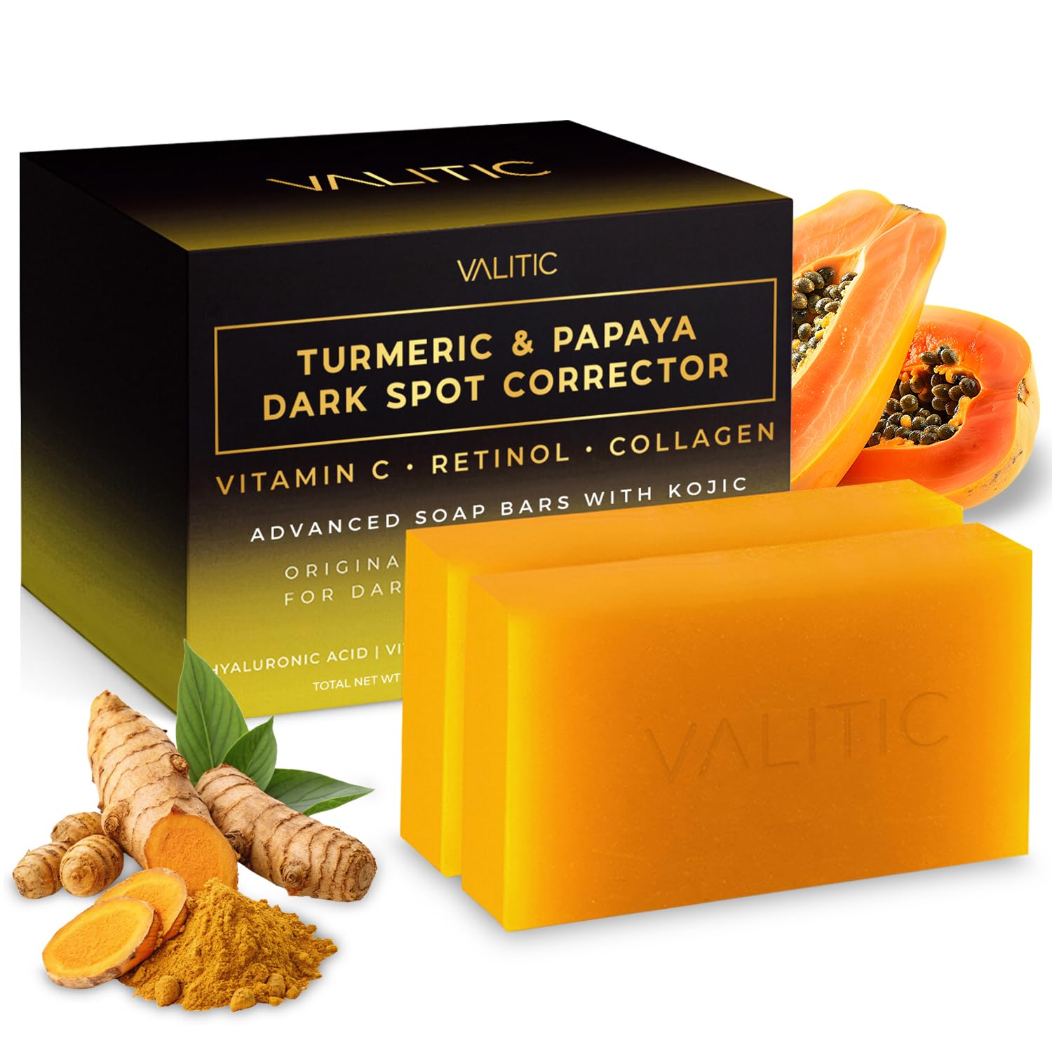 VALITIC Papaya and Turmeric Kojic Acid Soap Pack for daily cleansing with two bars