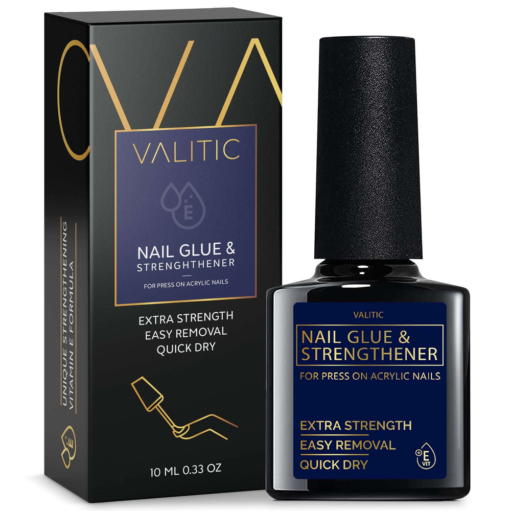 Valitic strong nail glue bottle shows a sturdy, long-lasting bond for wear.