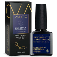 Valitic strong nail glue bottle shows a sturdy, long-lasting bond for wear.