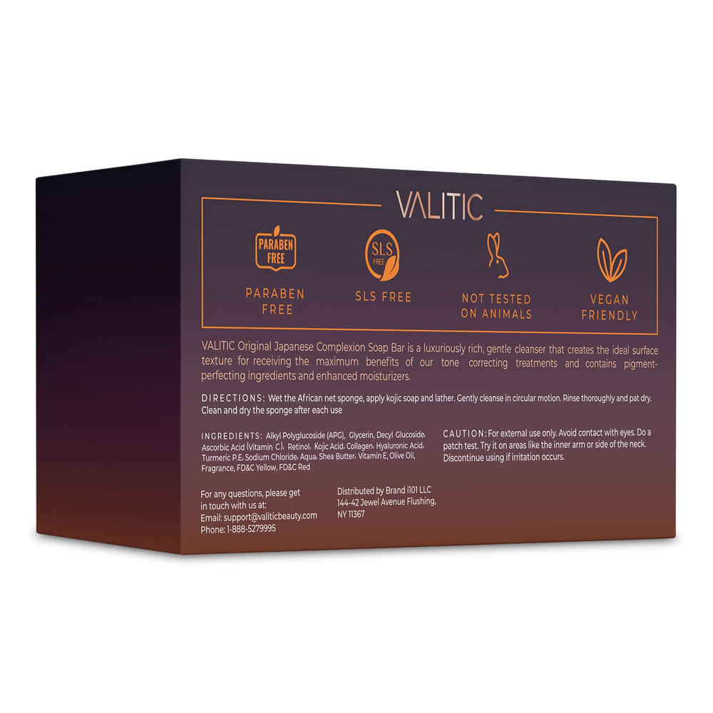 VALITIC vanity-top scene with two bars and net sponge suggests complete regimen.