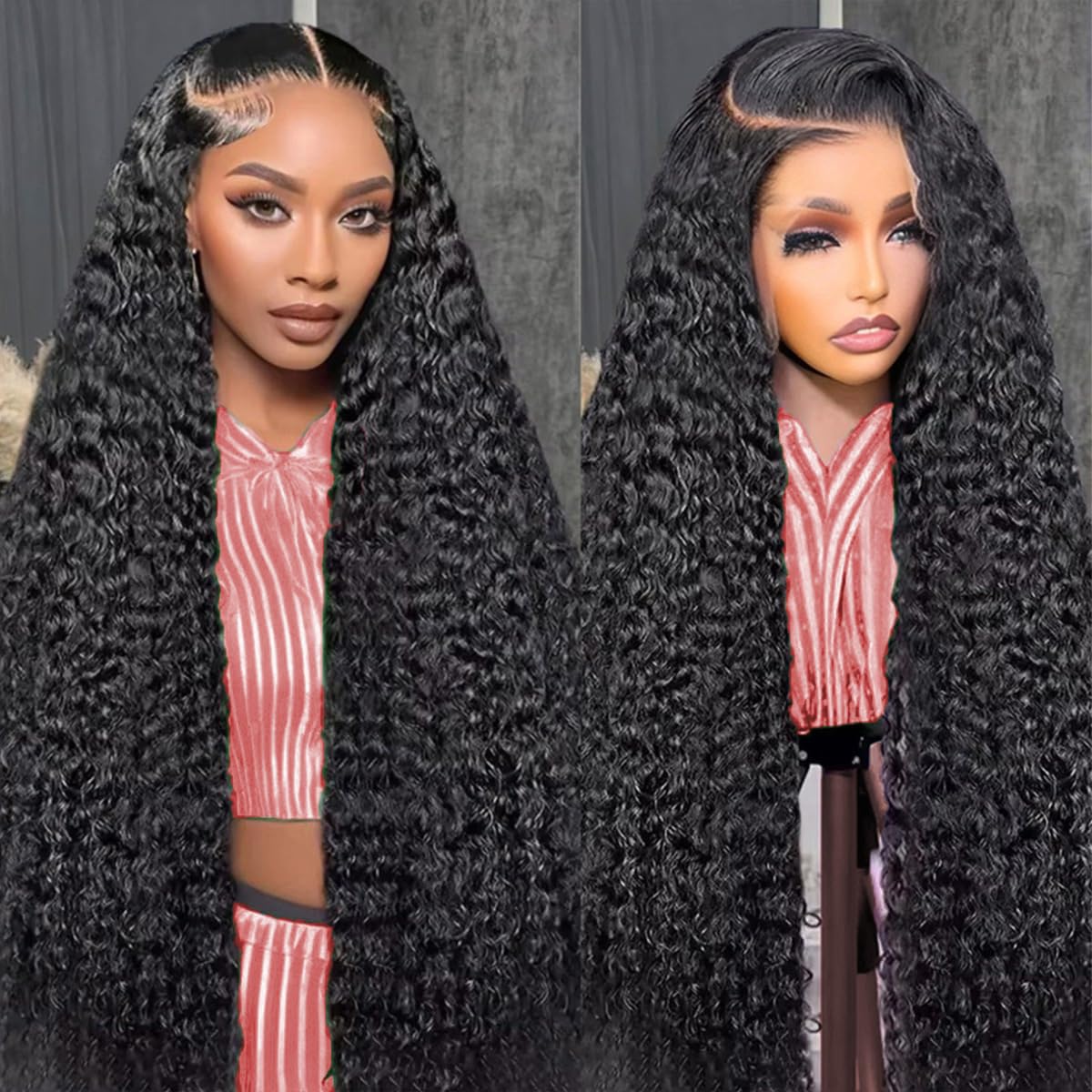 Vamzee deep wave lace front wig with Brazilian curly hair, 210% density for voluminous look.