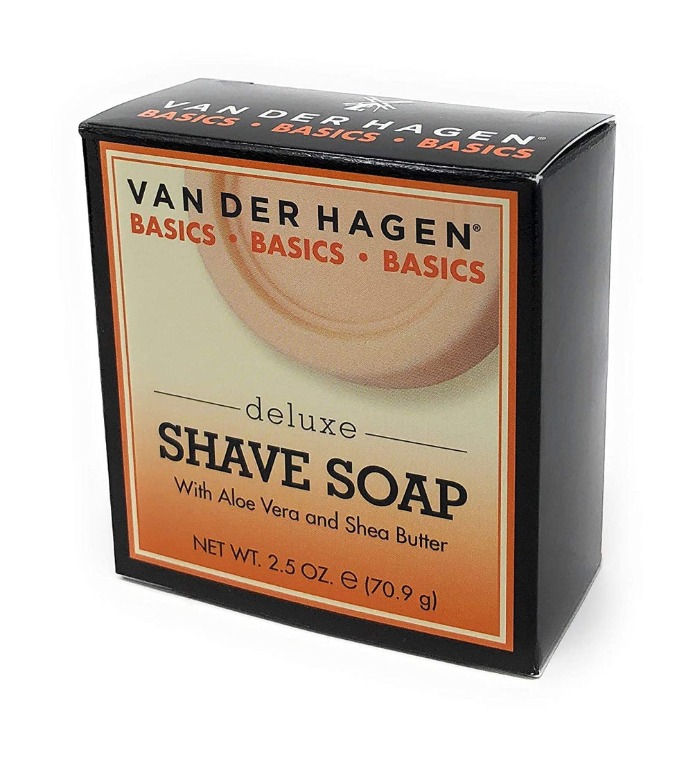 Van Der Hagen Deluxe Shave Soap 3-pack compact bars on display highlight portability.