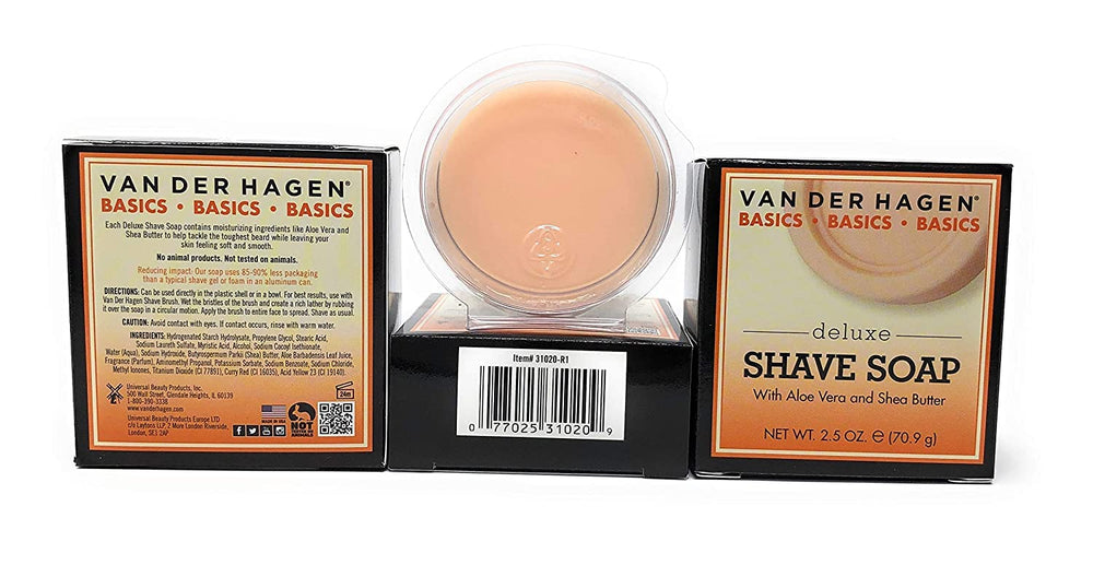 Van Der Hagen Deluxe Shave Soap 3-pack near razor illustrates rich protection during shaving.
