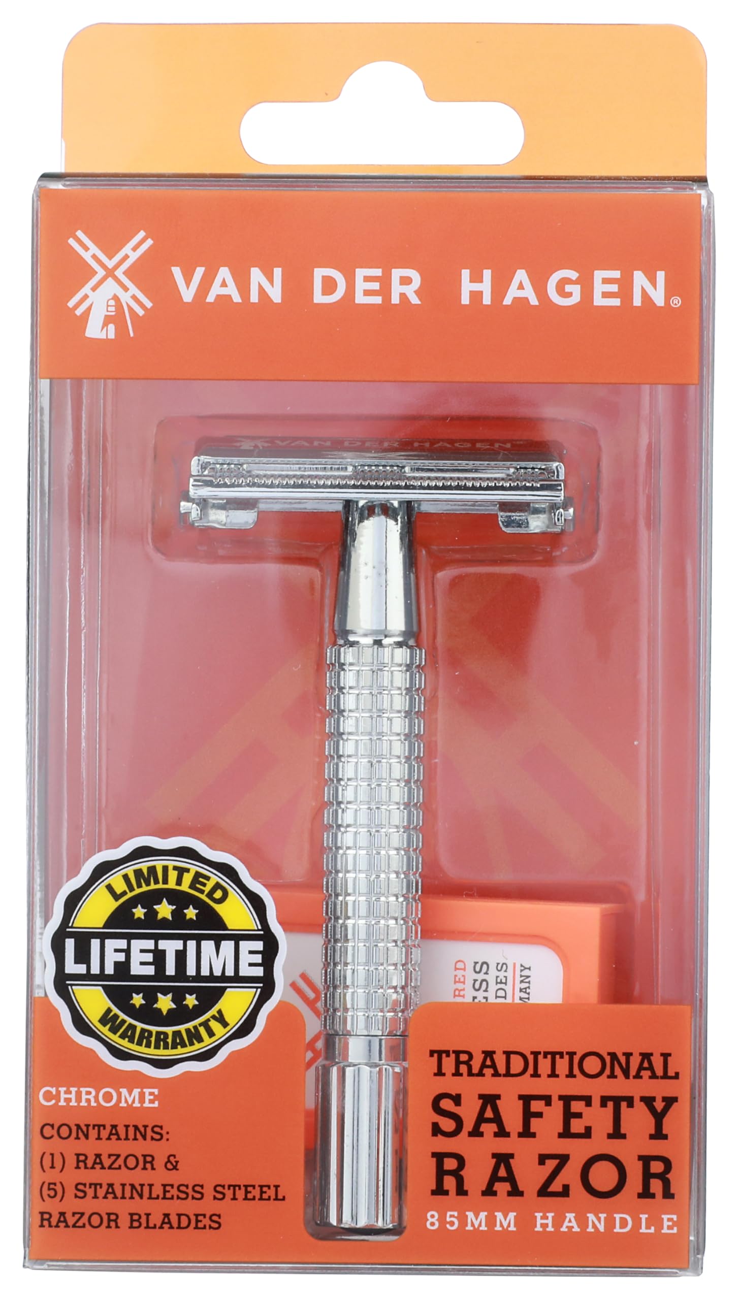Van Der Hagen chrome safety razor close-up shows durable brass build and precise grip.
