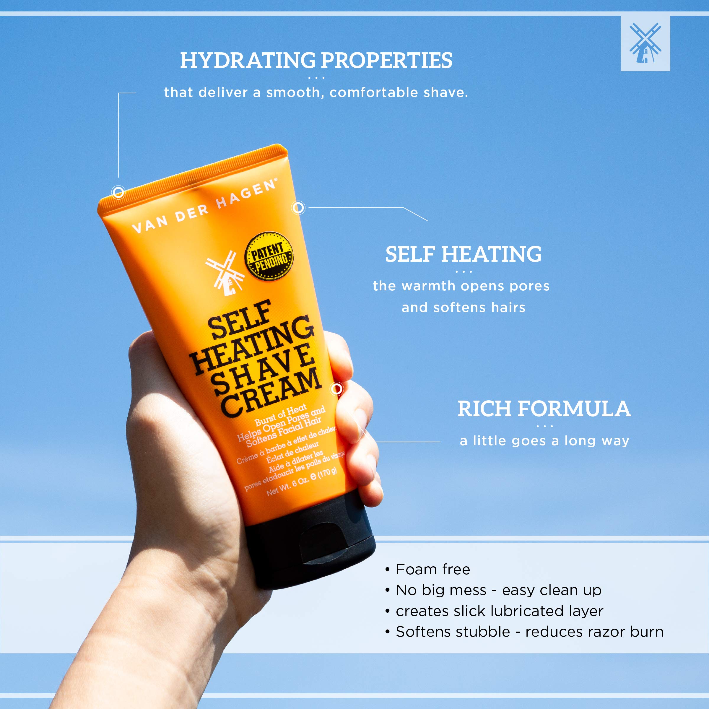 Van Der Hagen Self-Heating Shave Cream heat-activation releases warmth for prep.