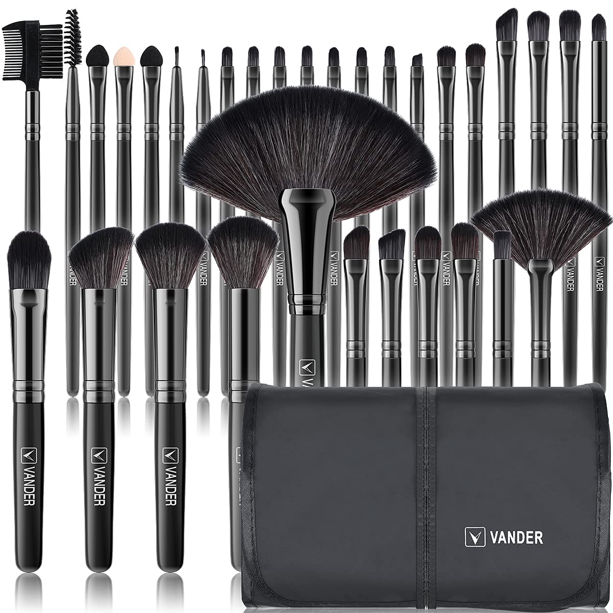 Vander makeup case open with 32-piece brush set, travel-ready organization.