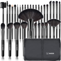 Vander makeup case open with 32-piece brush set, travel-ready organization.