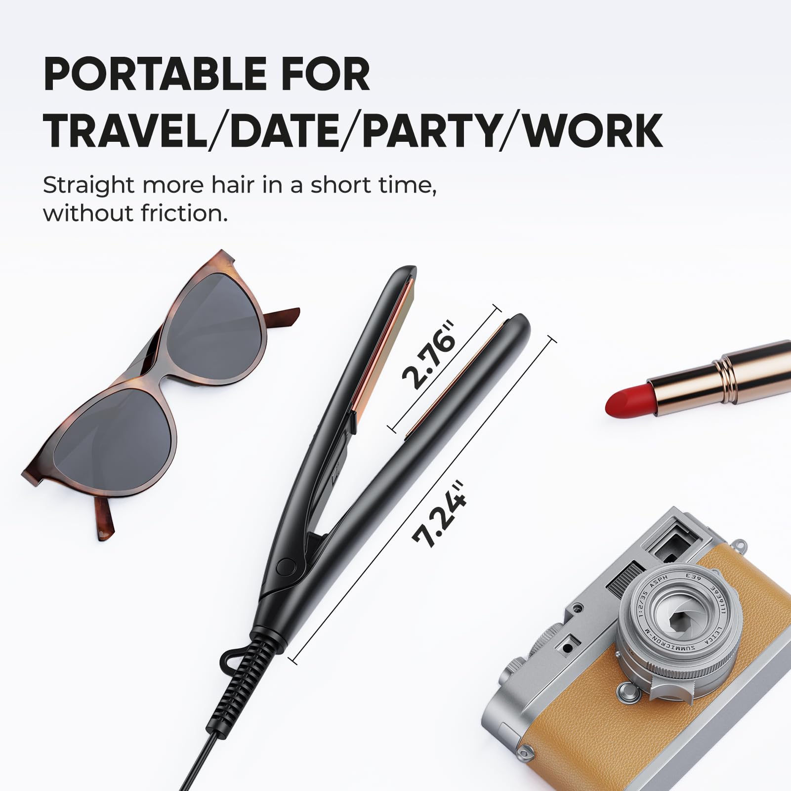 VANESSA PRO Mini Flat Iron compact dimensions close-up highlighting 0.7-inch width for travel styling.
