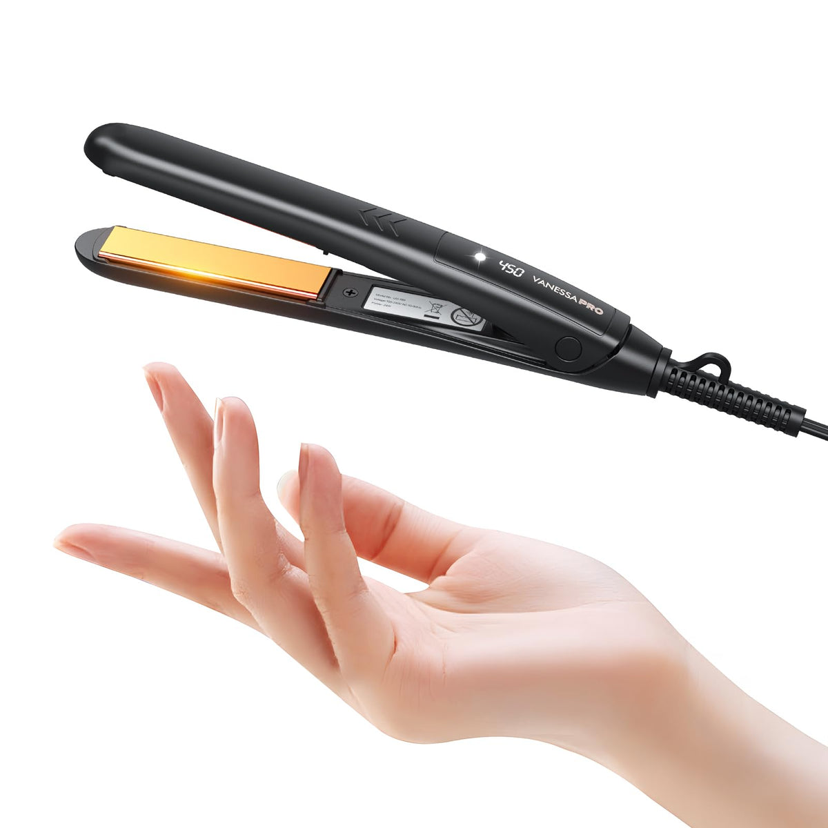 VANESSA PRO Mini Flat Iron titanium plate close-up with argan oil for shine and smoothness.