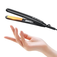 VANESSA PRO Mini Flat Iron titanium plate close-up with argan oil for shine and smoothness.