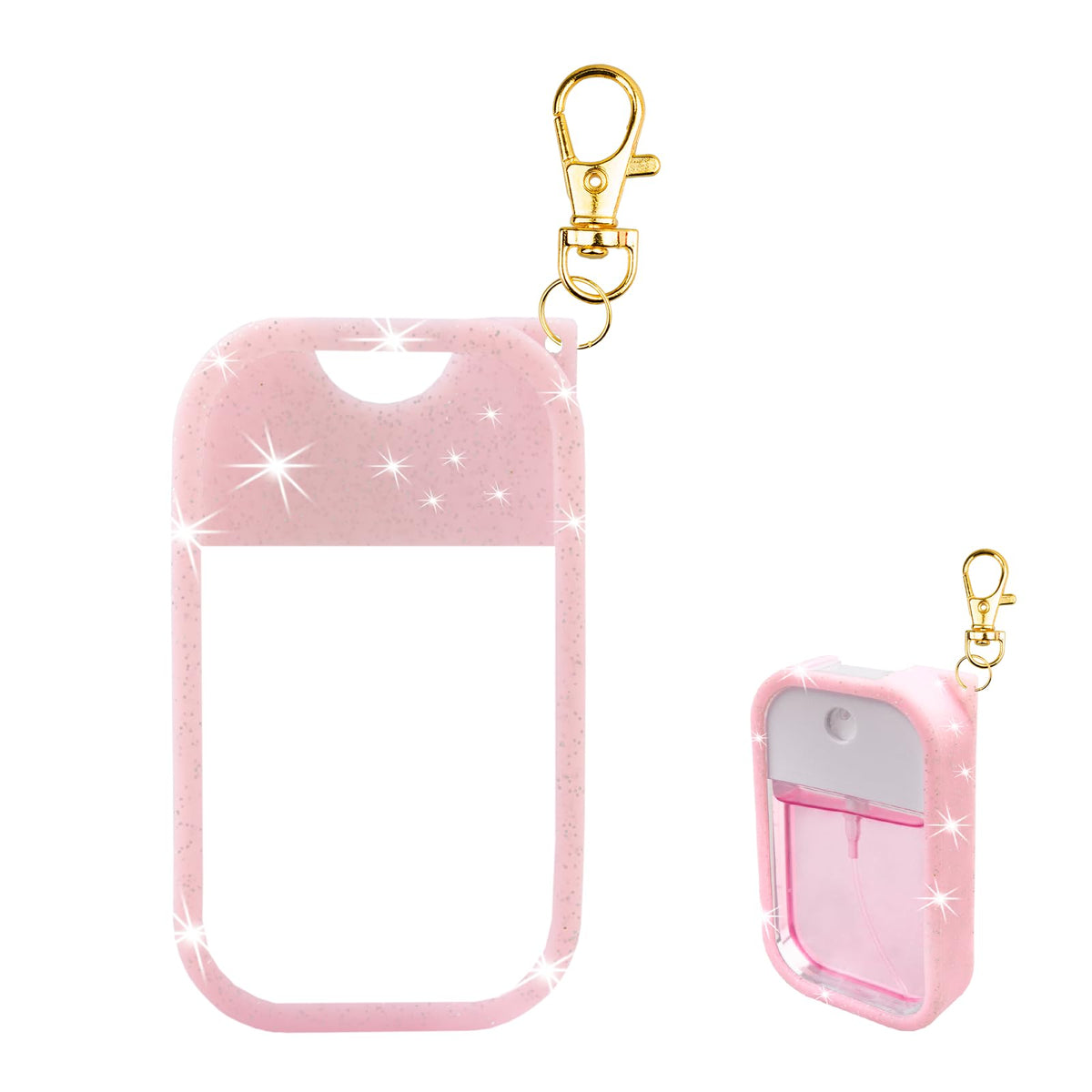 Vanest glitter-sequin-pink silicone case on Touchland Power Mist bottle protects on the go.