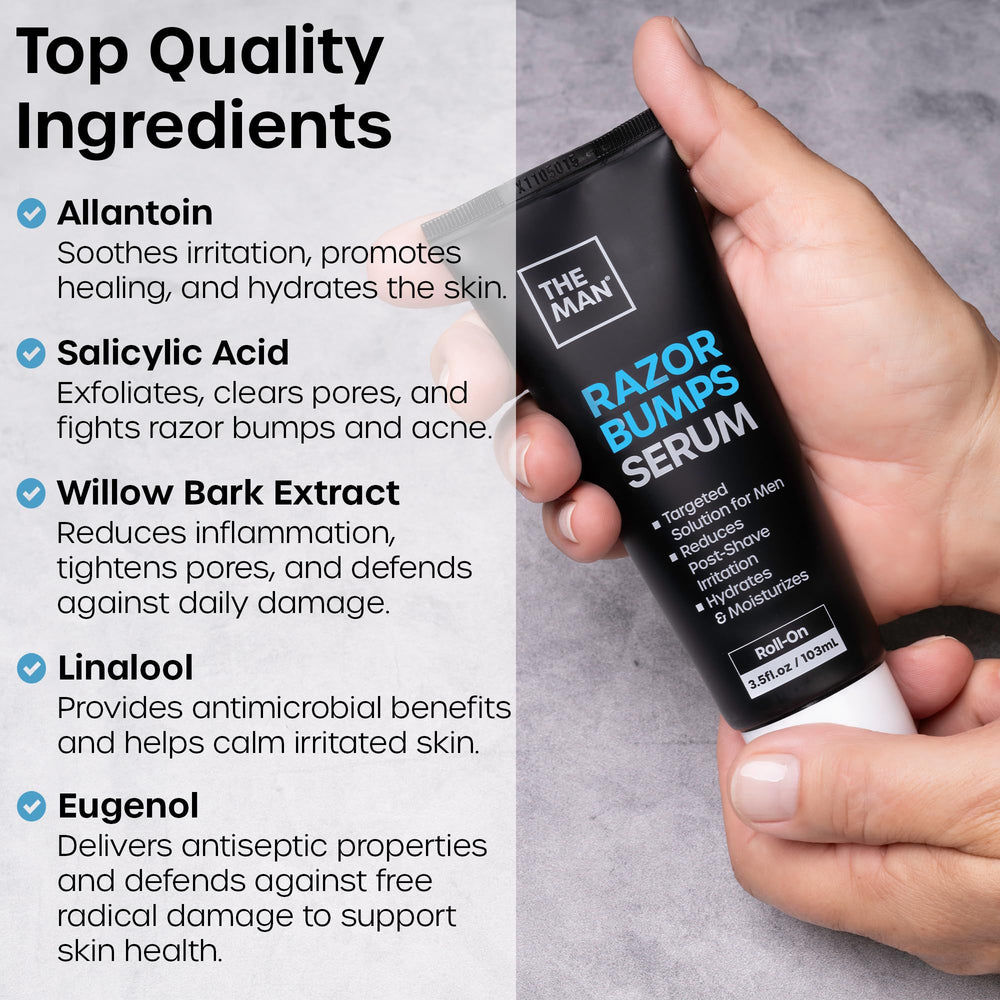 Vanibiss The Man Razor Bumps Serum closeup ingredients highlights exfoliating effects.