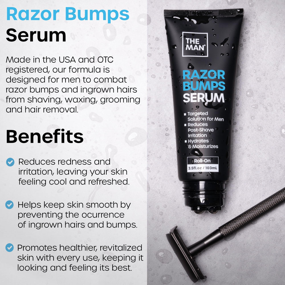 Vanibiss The Man Razor Bumps Serum metal roll-on cools skin for even application.