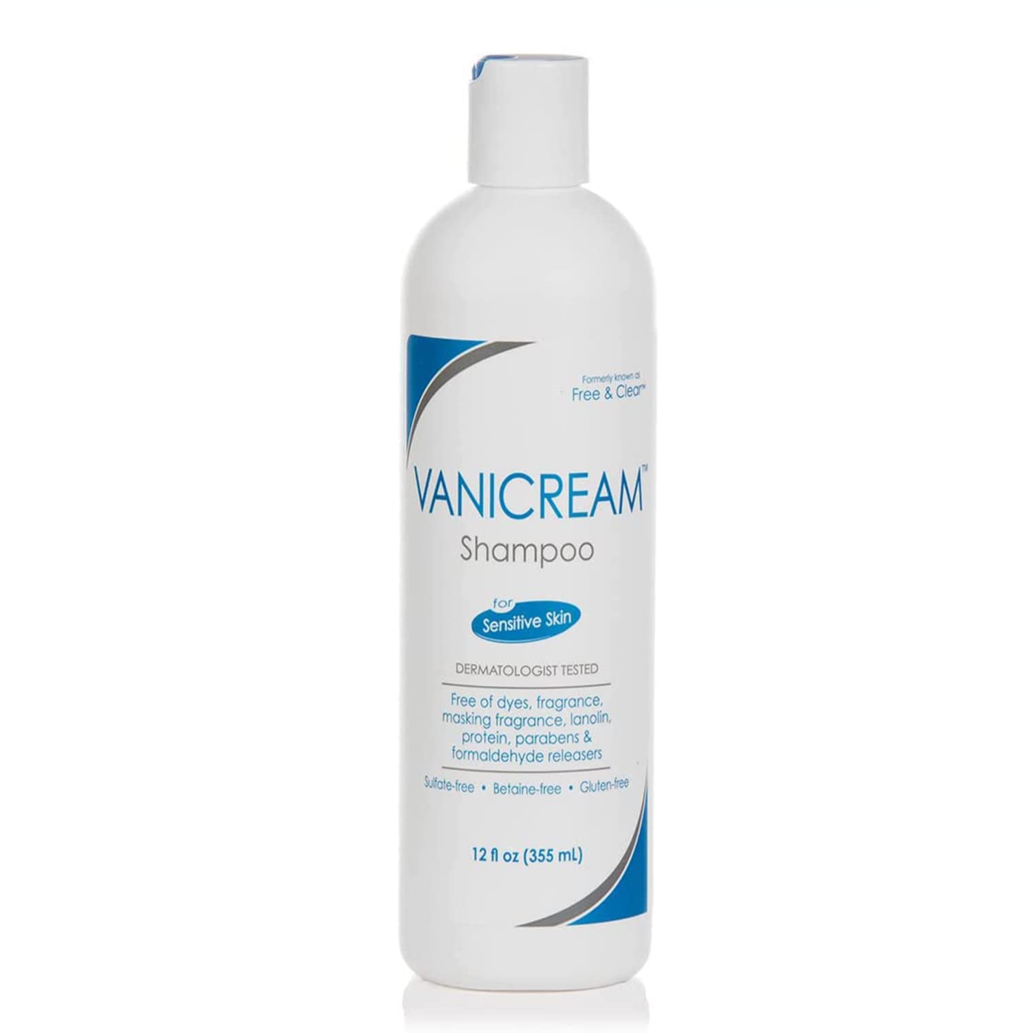 Vanicream bottle front view showing clean label and 12 fl oz size benefit