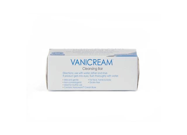 Vanicream cleansing bar dermatology label close-up with dermatologist-tested seal.