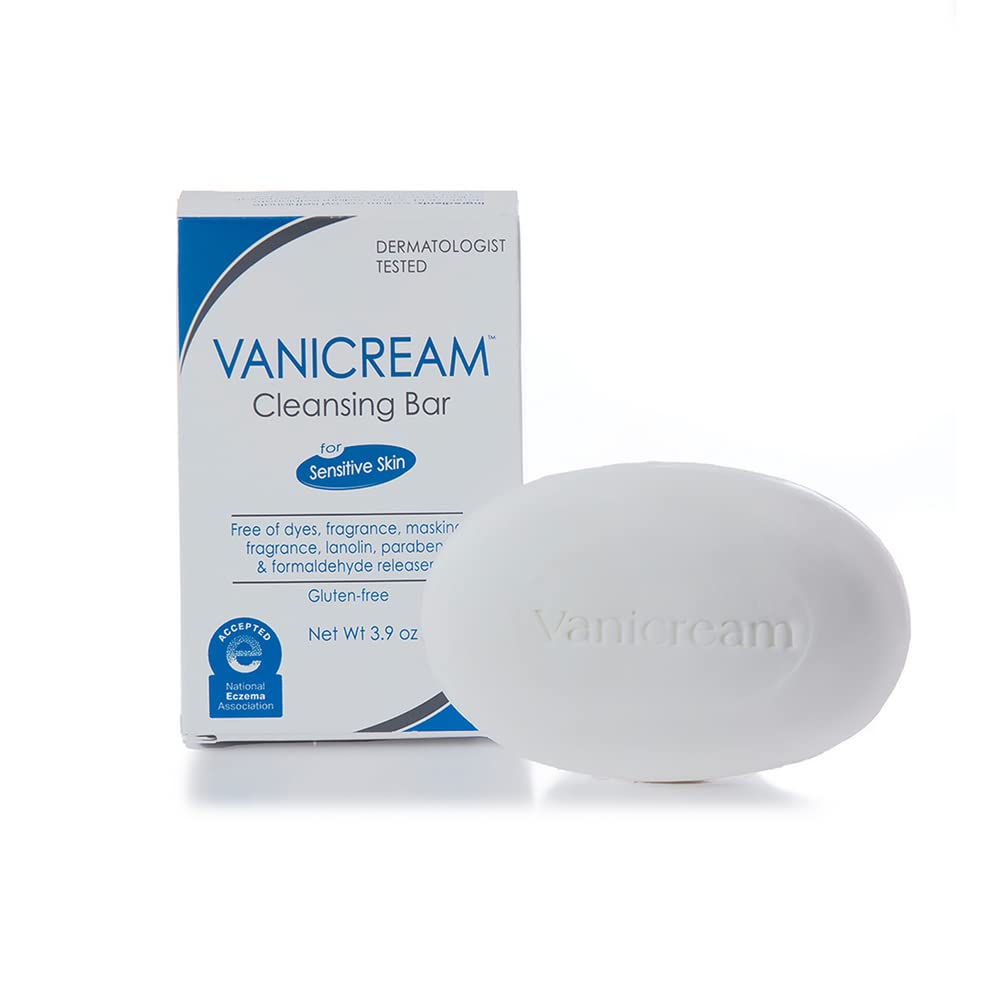 Vanicream Cleansing Bar packaging shown, fragrance-free formula designed for sensitive skin.