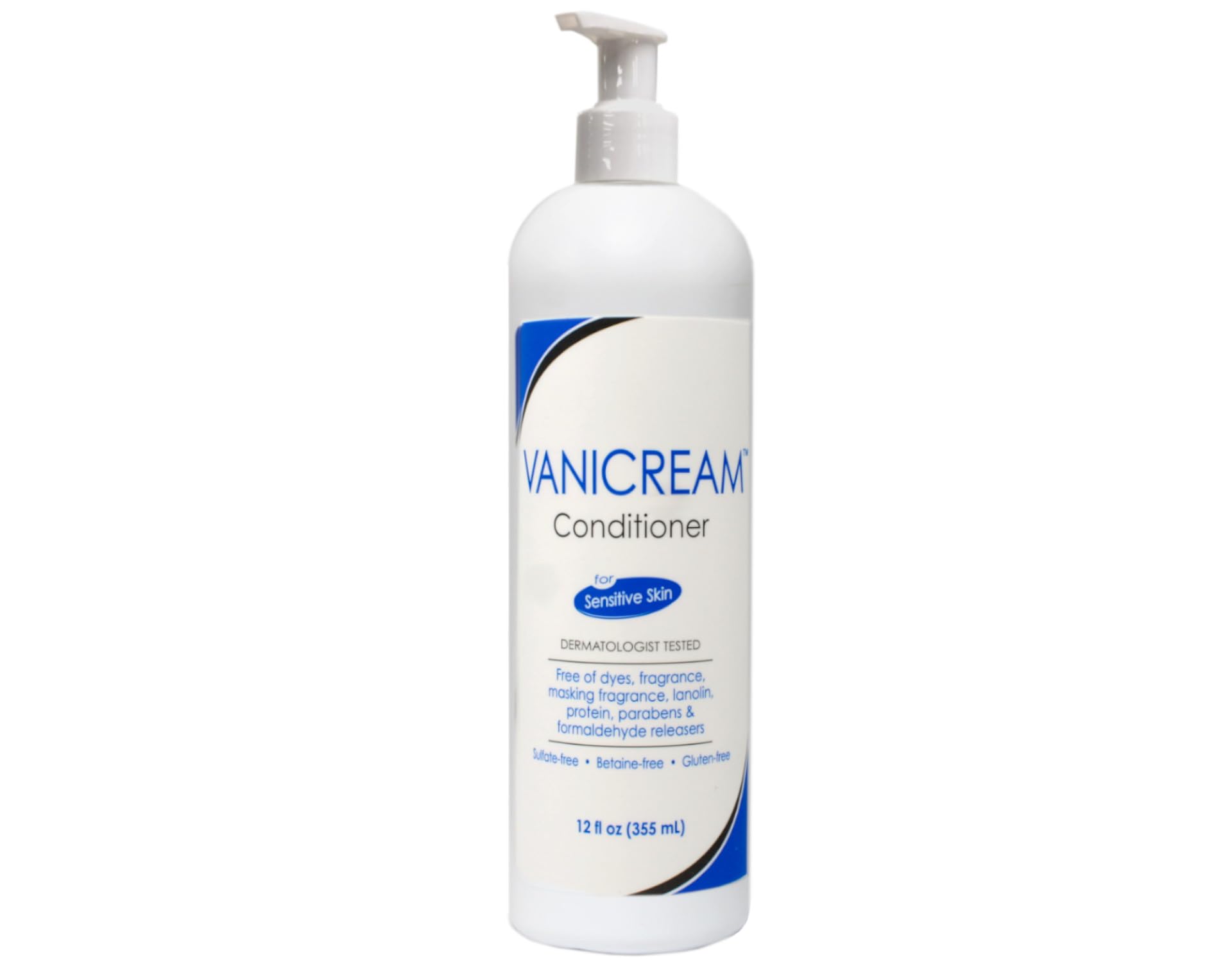Vanicream conditioner ingredients label highlights free from dyes and parabens for daily family use.