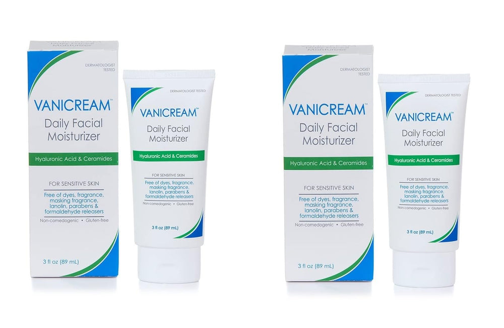 Vanicream Daily Facial Moisturizer tube with ceramides and hyaluronic acid for sensitive skin hydration.