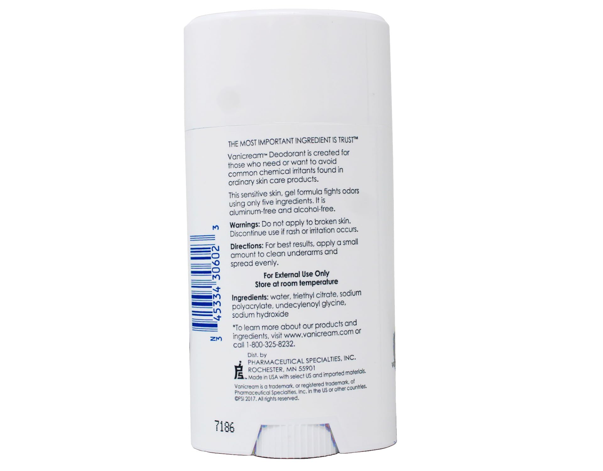 Vanicream fragrance-free deodorant closeup emphasizes gentle formula for sensitive skin.