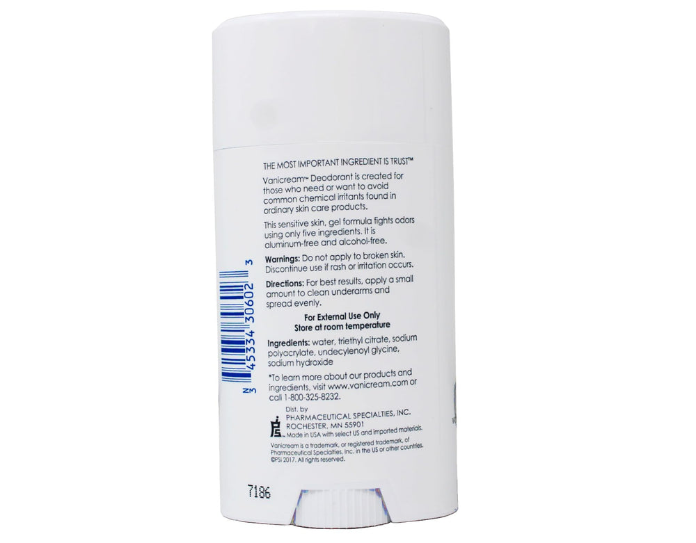 Vanicream fragrance-free deodorant closeup emphasizes gentle formula for sensitive skin.