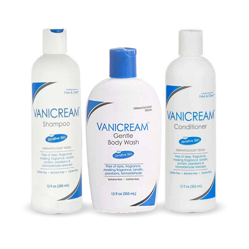 Vanicream Free and Clear shampoo bottle front view showing gentle, fragrance-free cleansing for sensitive skin