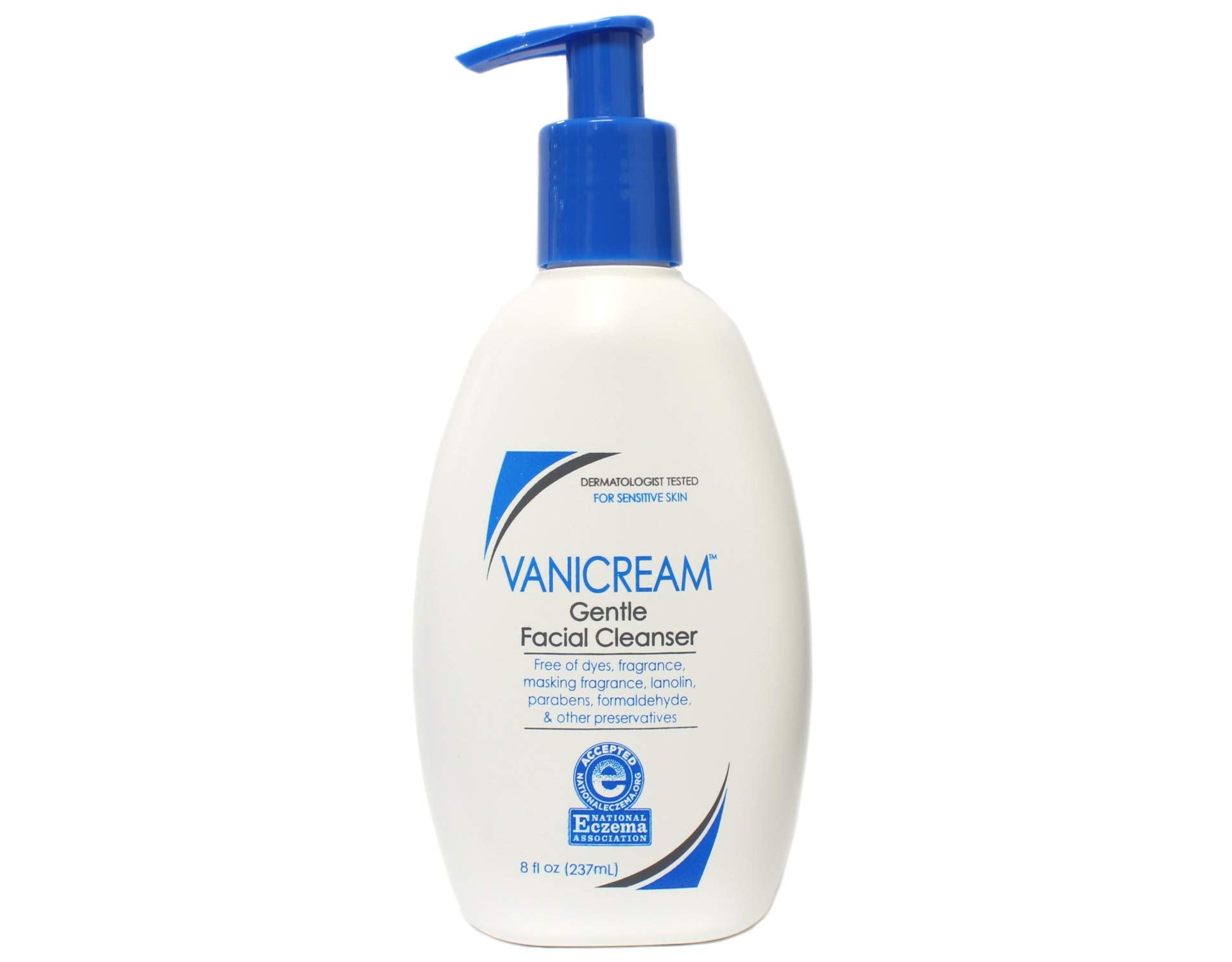 Vanicream Gentle Facial Cleanser label close-up highlighting fragrance-free, dye-free formula