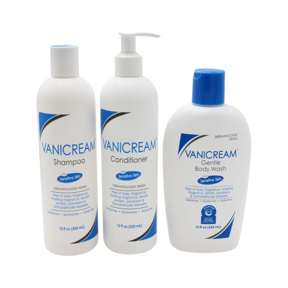 Vanicream shampoo bottle front view, fragrance-free and dye-free daily care for sensitive scalps.