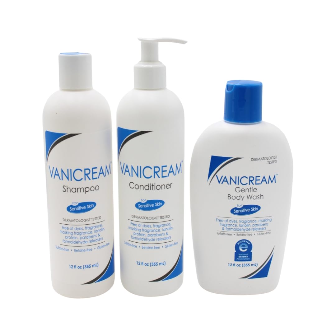 Vanicream shampoo bottle front view, fragrance-free and dye-free daily care for sensitive scalps.
