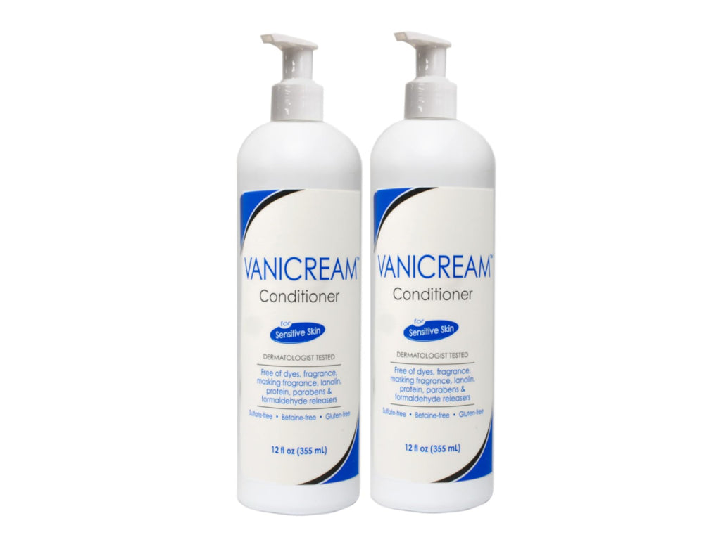 Vanicream shampoo free-from-dyes bottle closeup signals gentle cleansing.