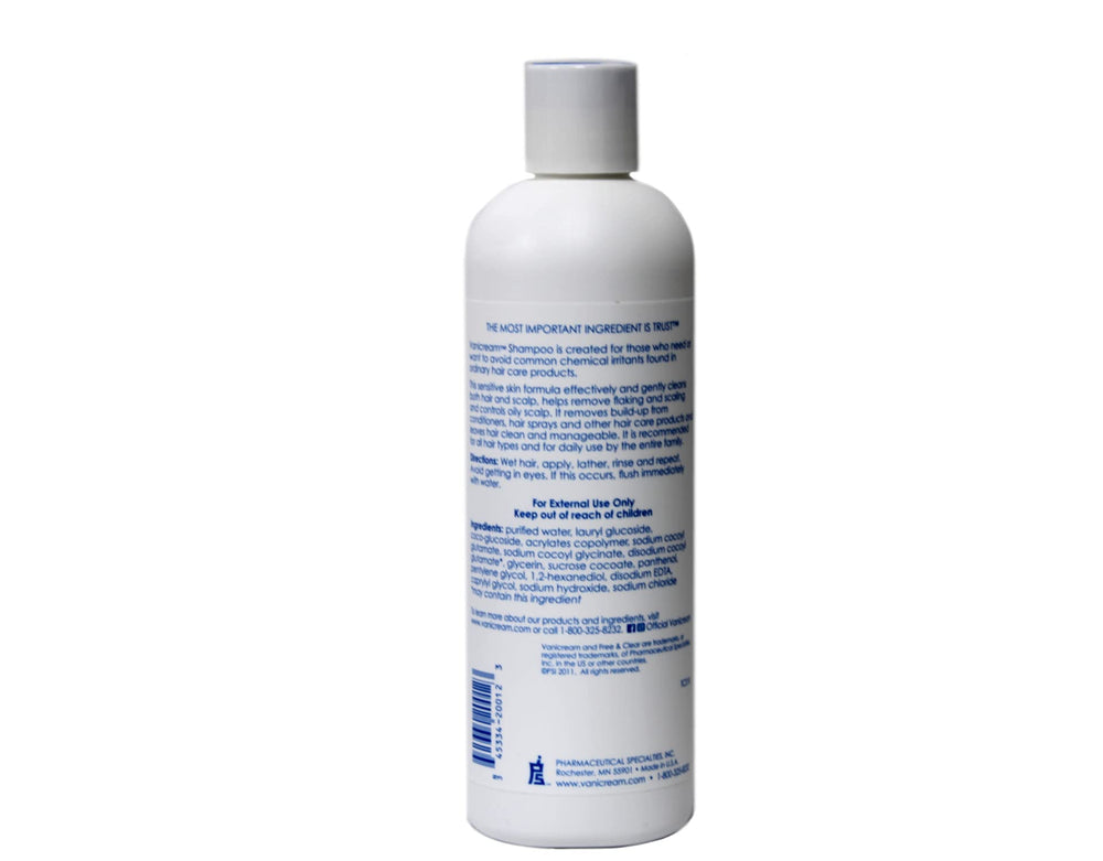 Vanicream Shampoo label closeup highlights fragrance-free formula for daily use.