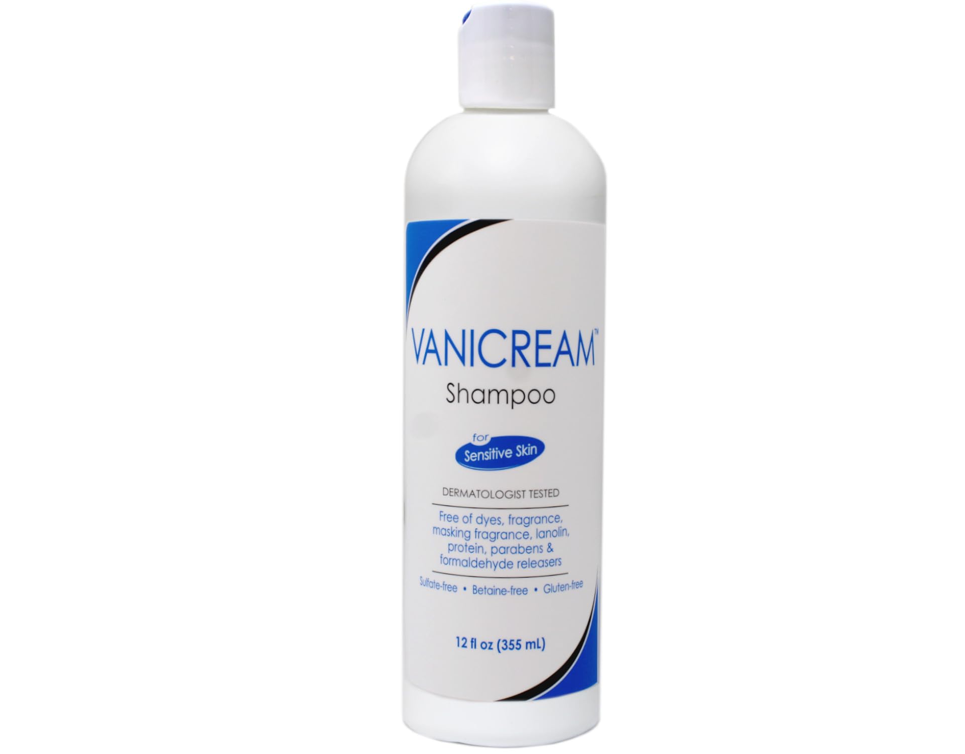 Vanicream shampoo label closeup emphasizes fragrance-free formula for sensitive scalps.