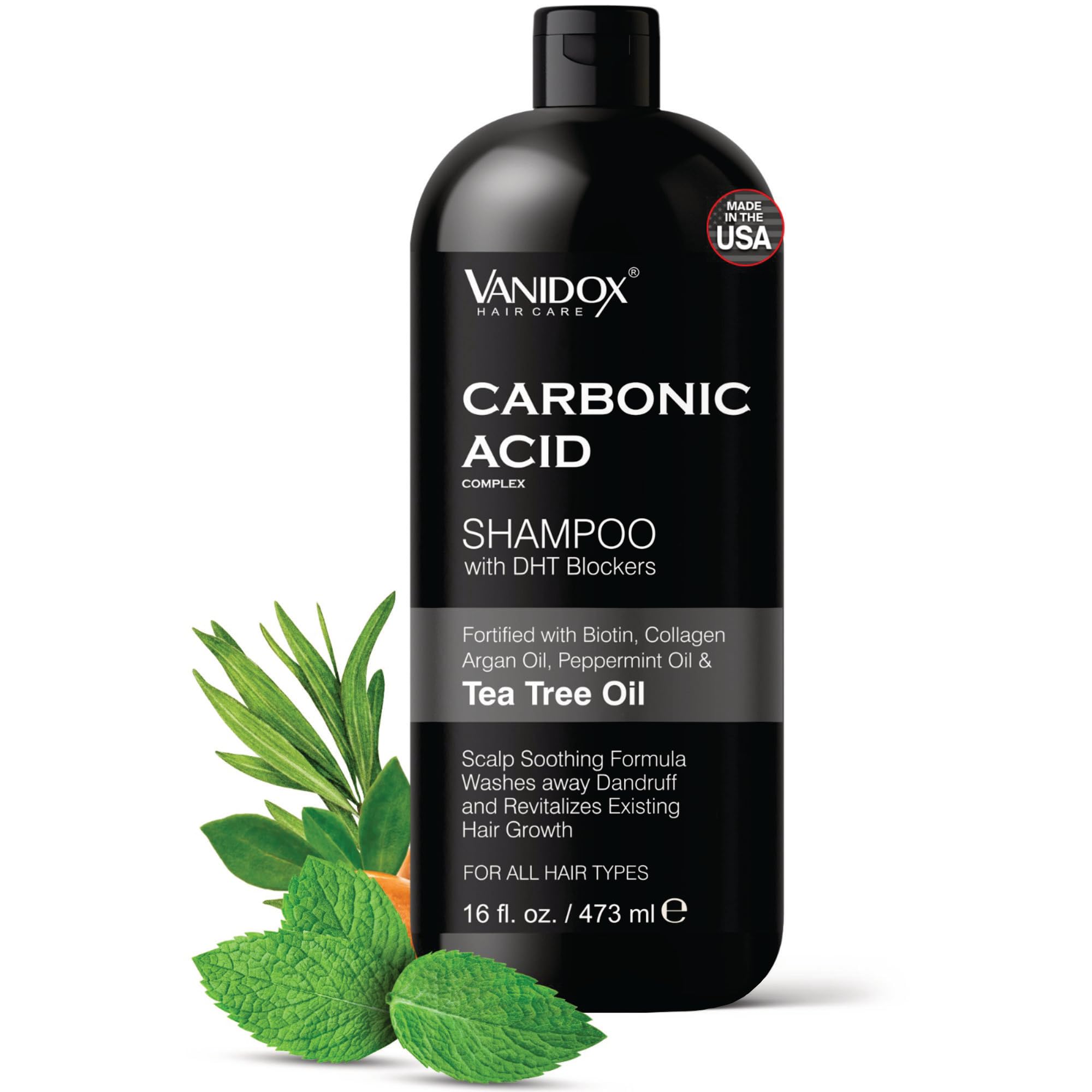 VANIDOX carbonic acid shampoo bottle highlights hydration and scalp care potential.