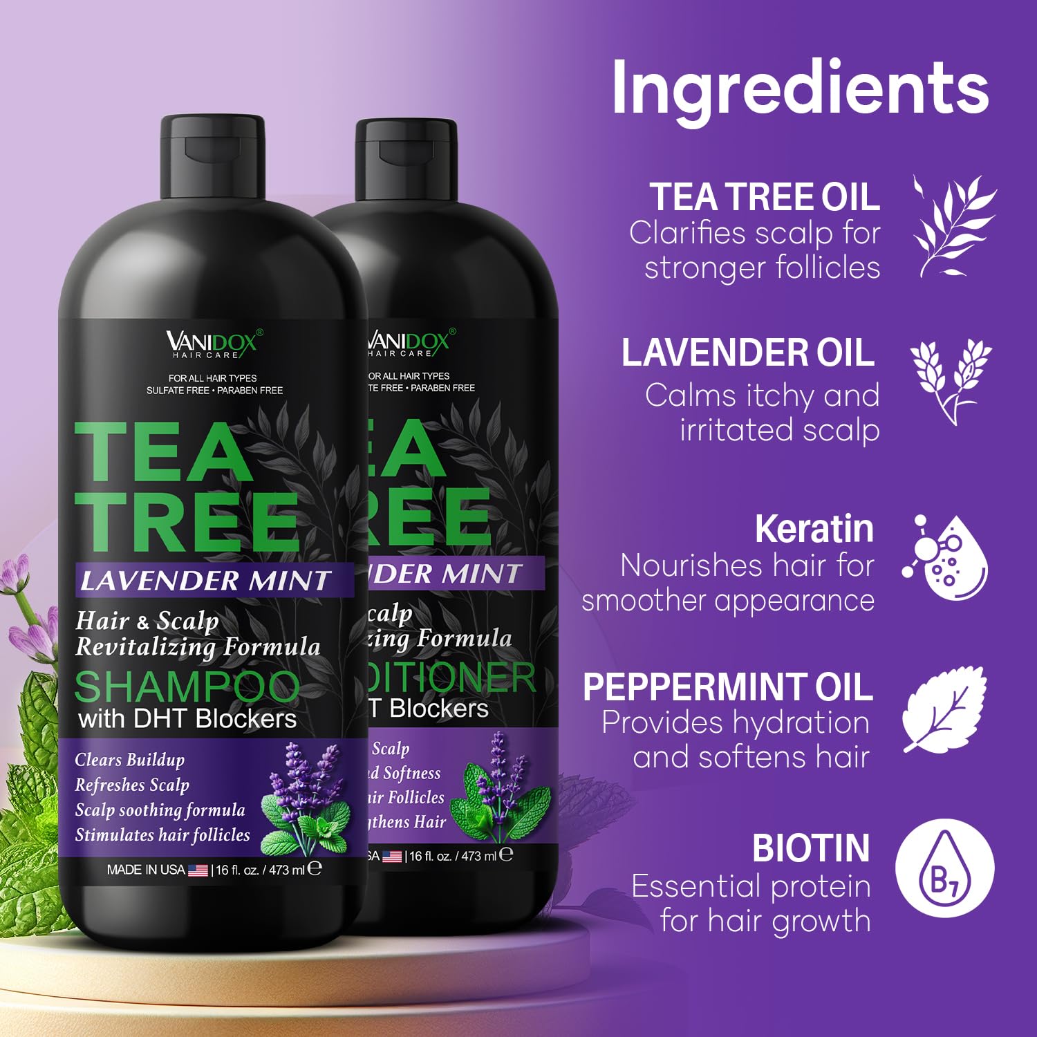 Vanidox Lavender Mint scent drops create calming aroma during wash.