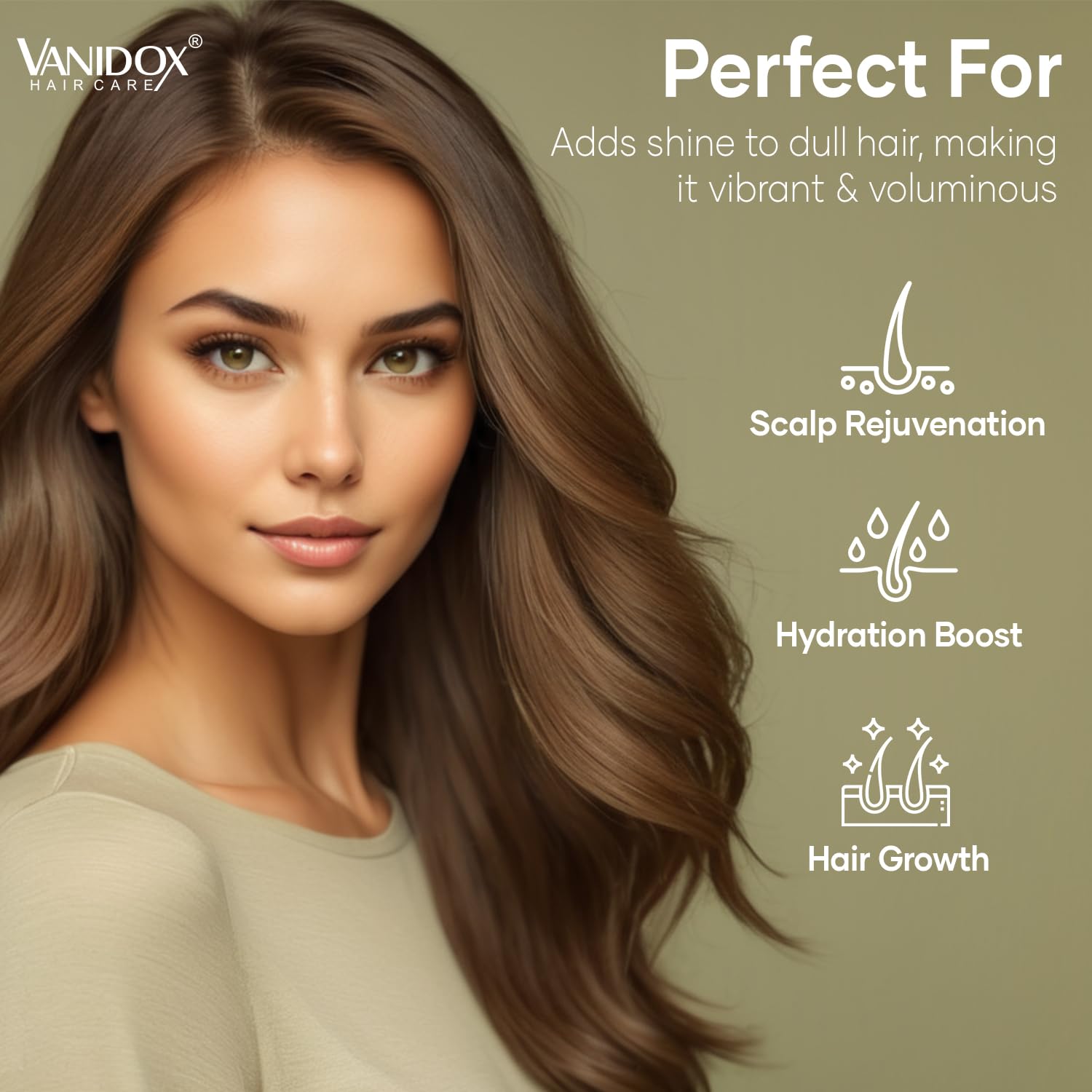 VANIDOX scalp exfoliation massage scene shows pore-clearing action.