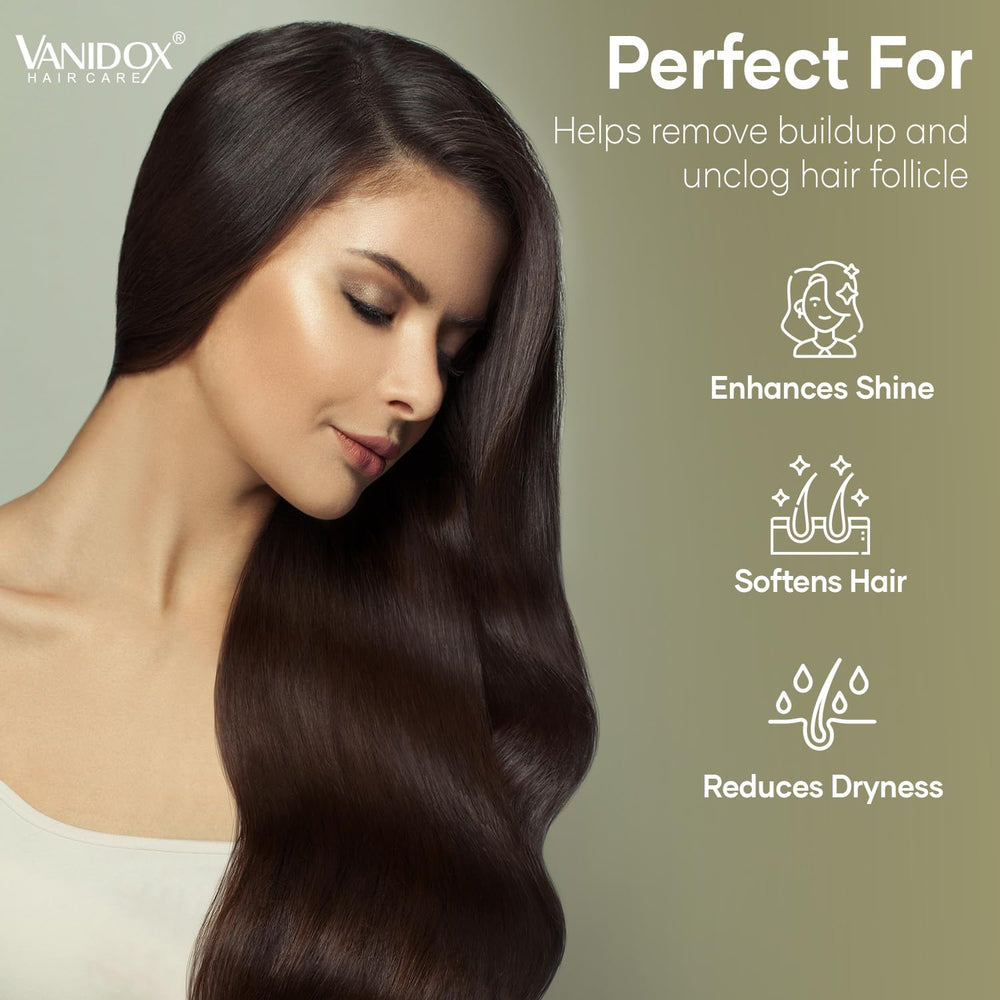 VANIDOX scalp nourishment closeup emphasizing vitamins and plant extracts.