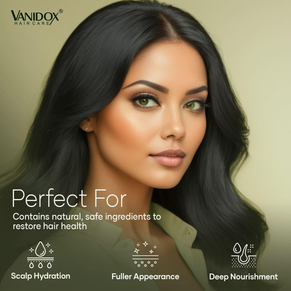 VANIDOX Scalp relief application demonstrates soothing massage for dryness.