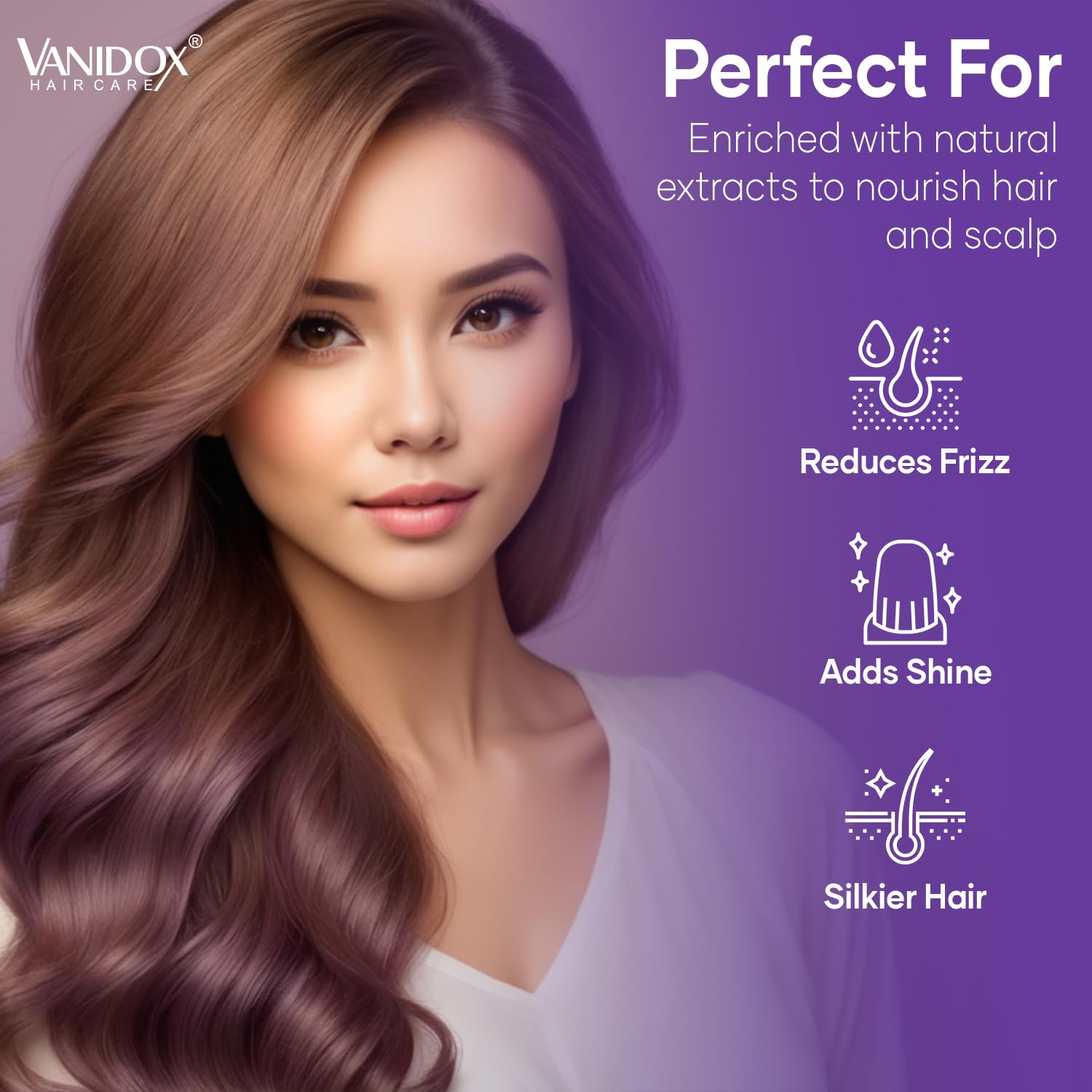 Vanidox Shampoo lather action image suggests rich cleanse for invigorated hair.