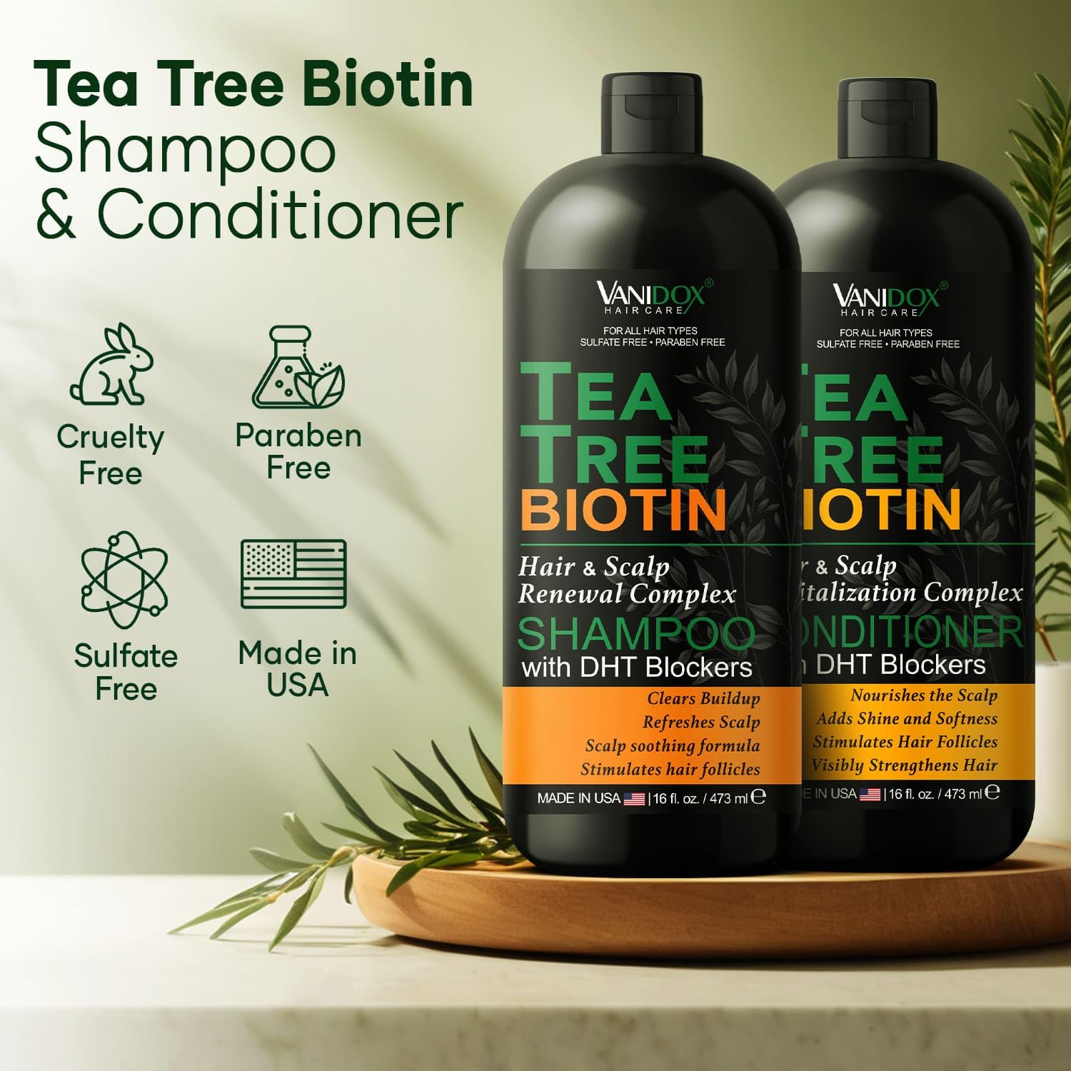 VANIDOX tea tree conditioner bottle pour adds detangling hydration
