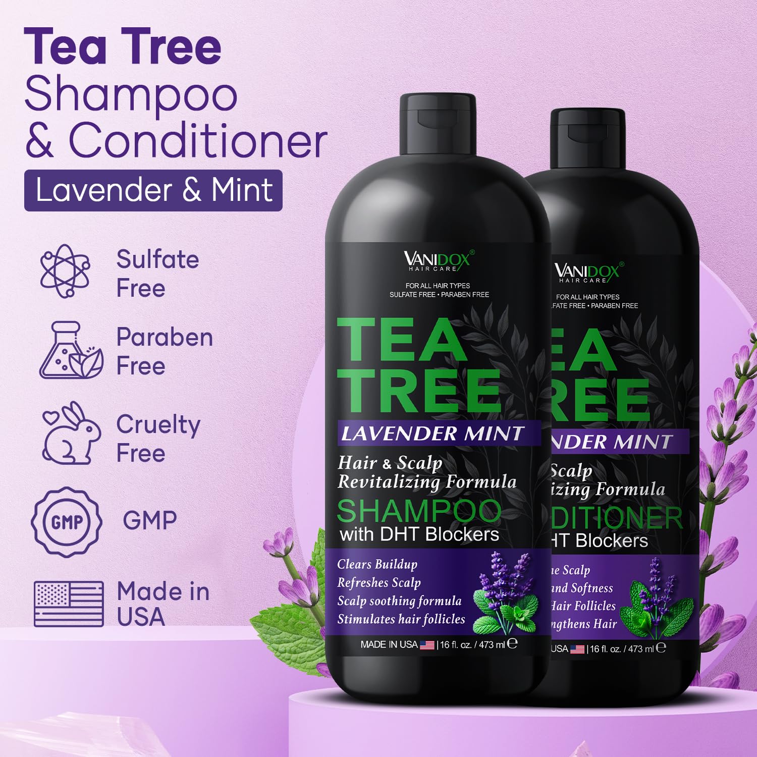 Vanidox Tea Tree Conditioner bottle provides moisturizing protection and smoother hair.