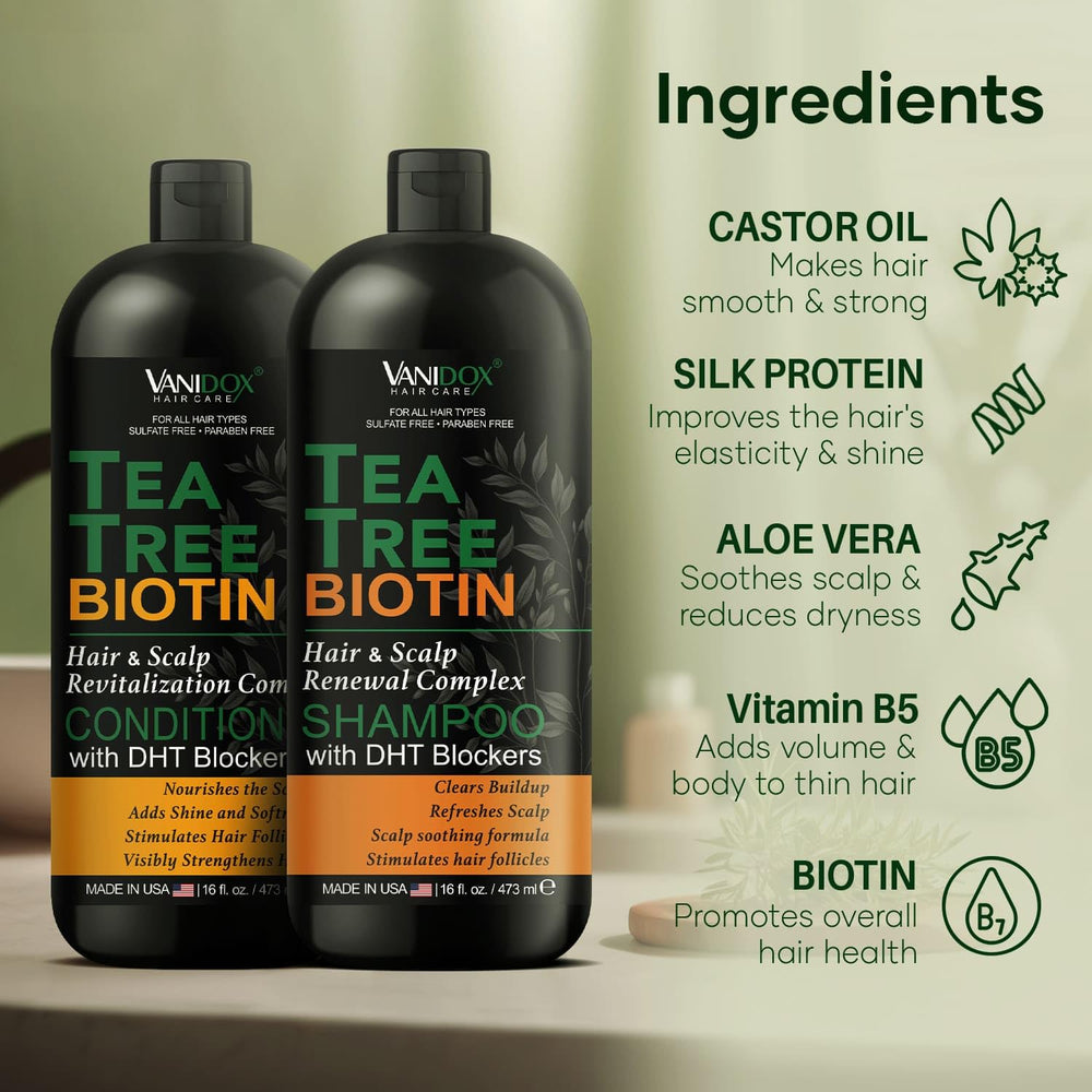 VANIDOX tea tree conditioner label highlights biotin for hair strength
