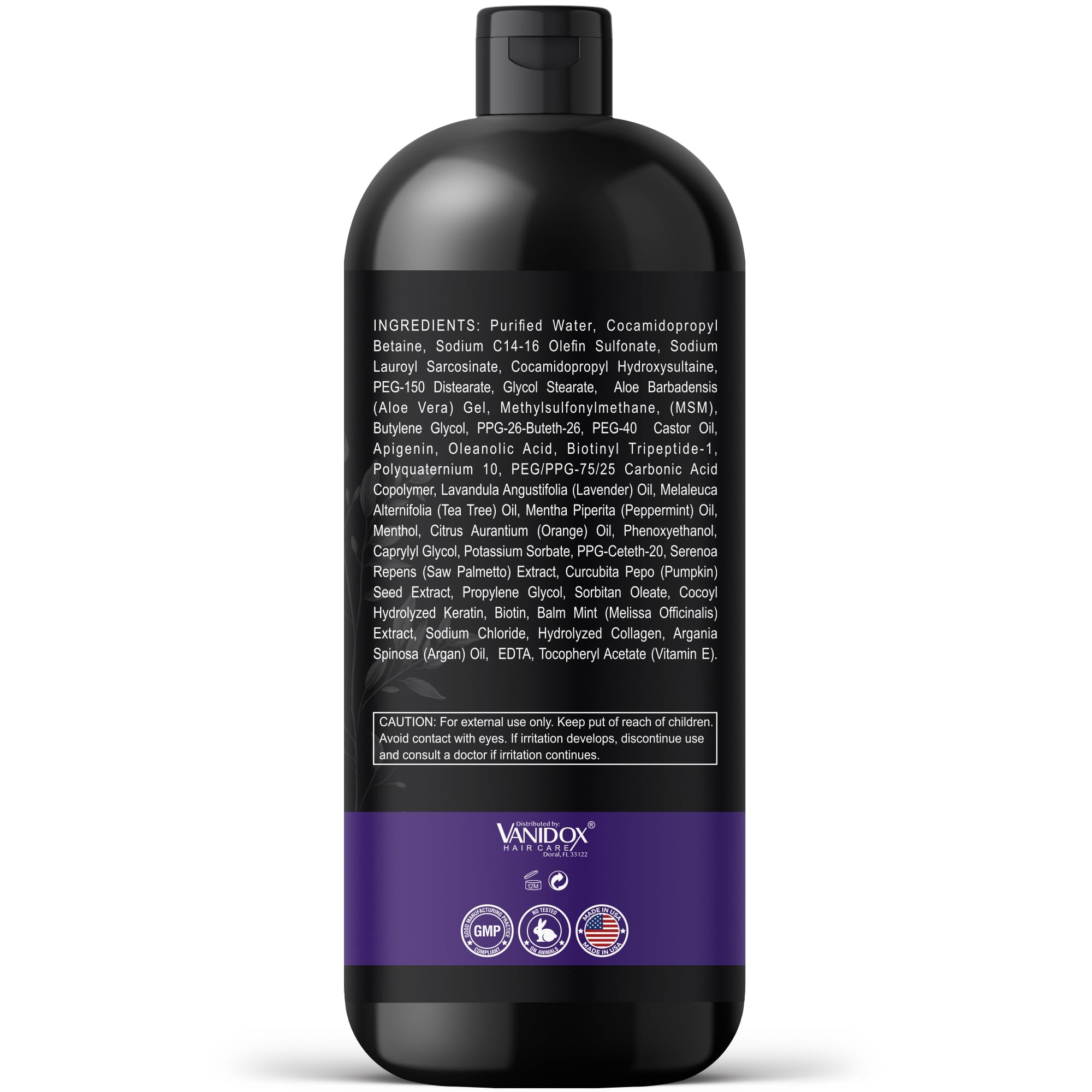 VANIDOX bottle shows shiny hair result after washing