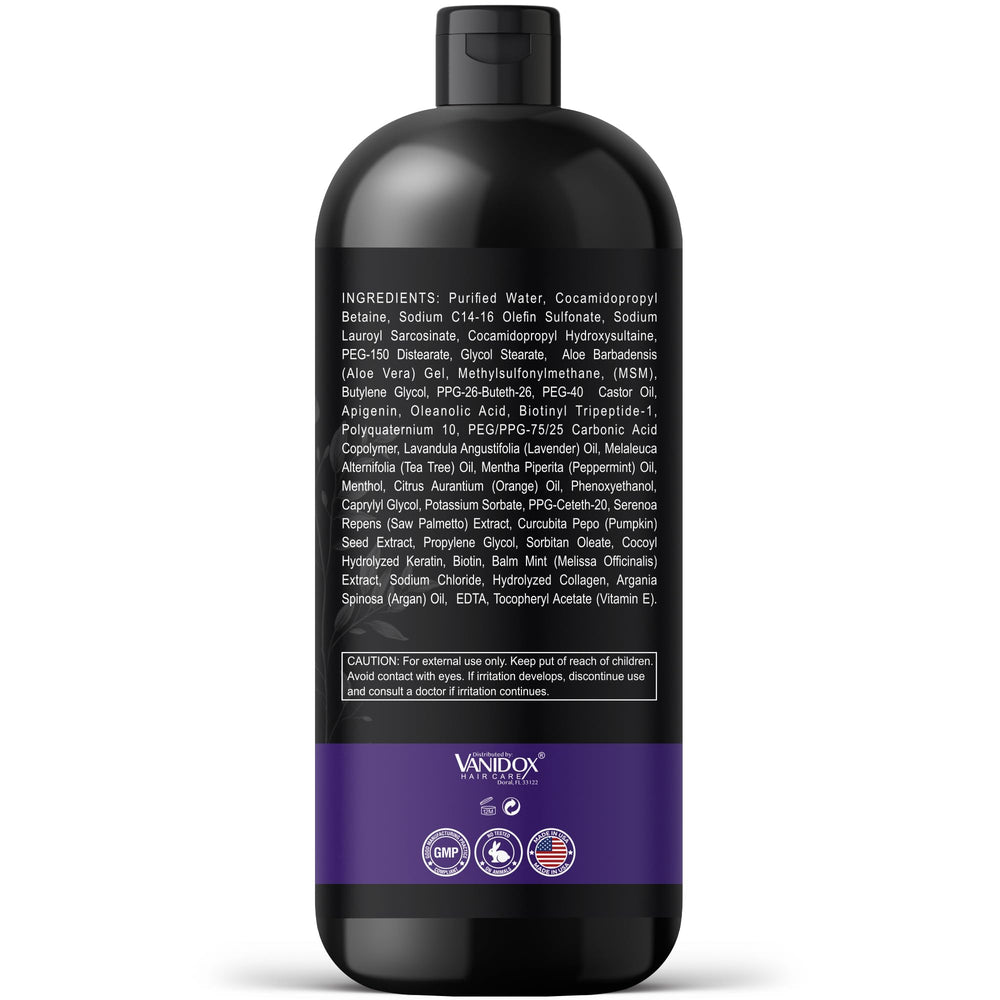 VANIDOX bottle shows shiny hair result after washing