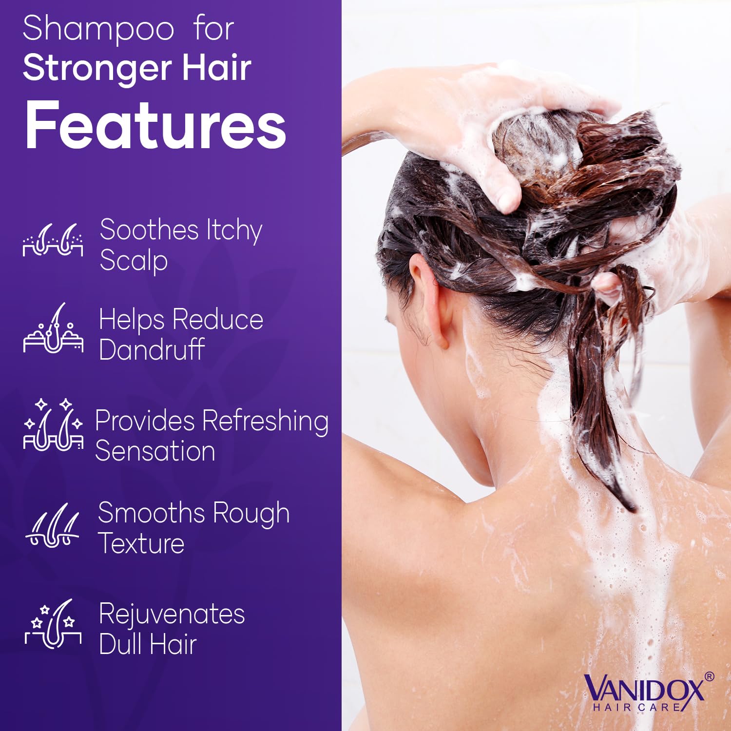 VANIDOX lavender-mint shampoo bottle and label on counter supports clean hair care routine