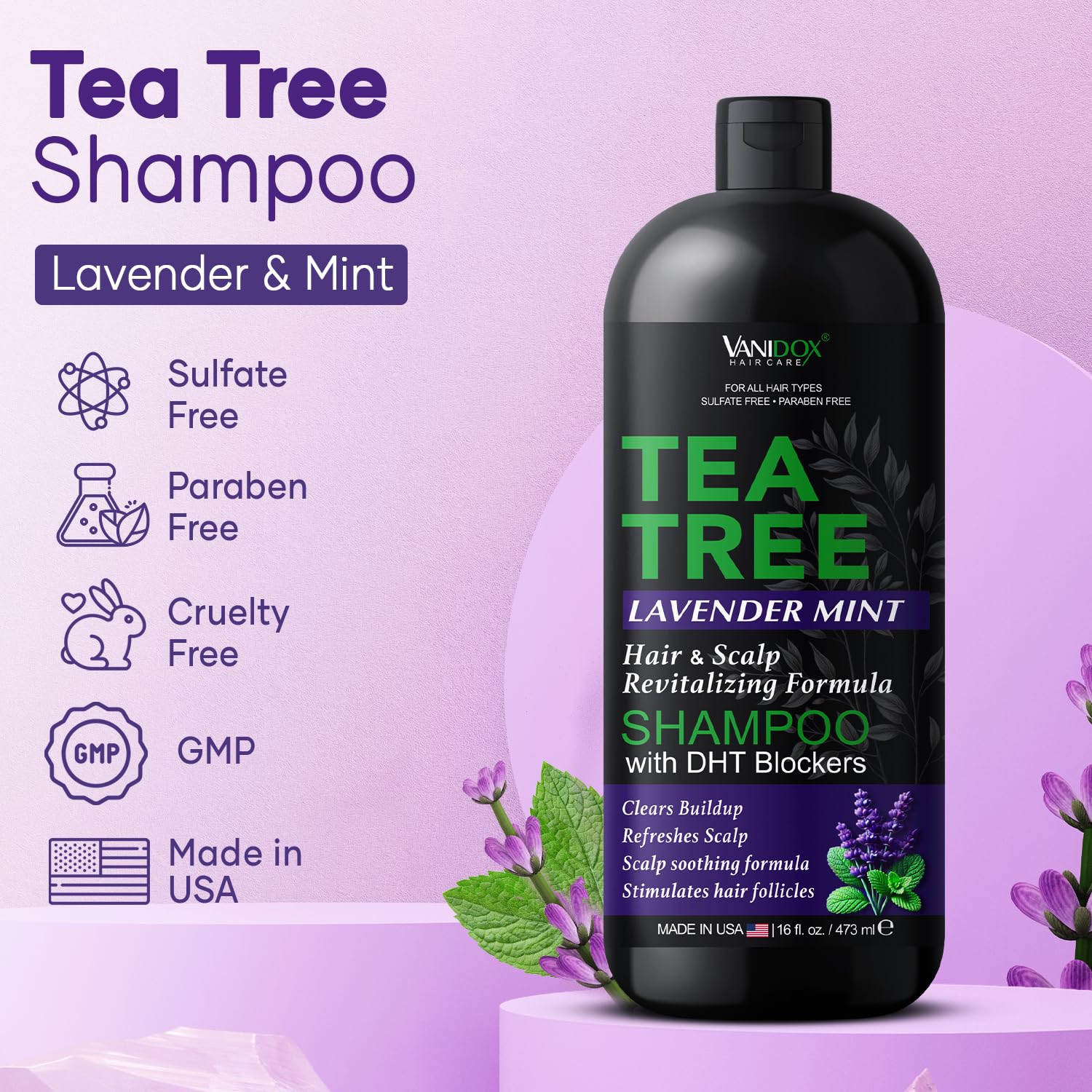 VANIDOX ingredients closeup shows tea tree and botanicals for nourishing scalp