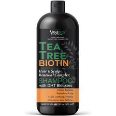 VANIDOX Tea Tree Shampoo bottle closeup for refreshing scalp care.